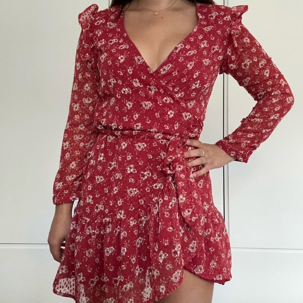 Topshop Red Knee-Length Ruffled Sundress with Puff Sleeves